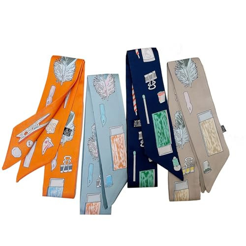 4pcs Purse Scarf For Handbags Silk Head Scarves For Hair Fashion Skinny Scarf For Women Long Neckerchief (Blue Feather) | Amazon (US)
