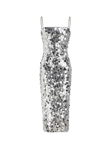 CIDER Sequin Square Neck Chain Split Midi Dress: Silver, S | Amazon (US)