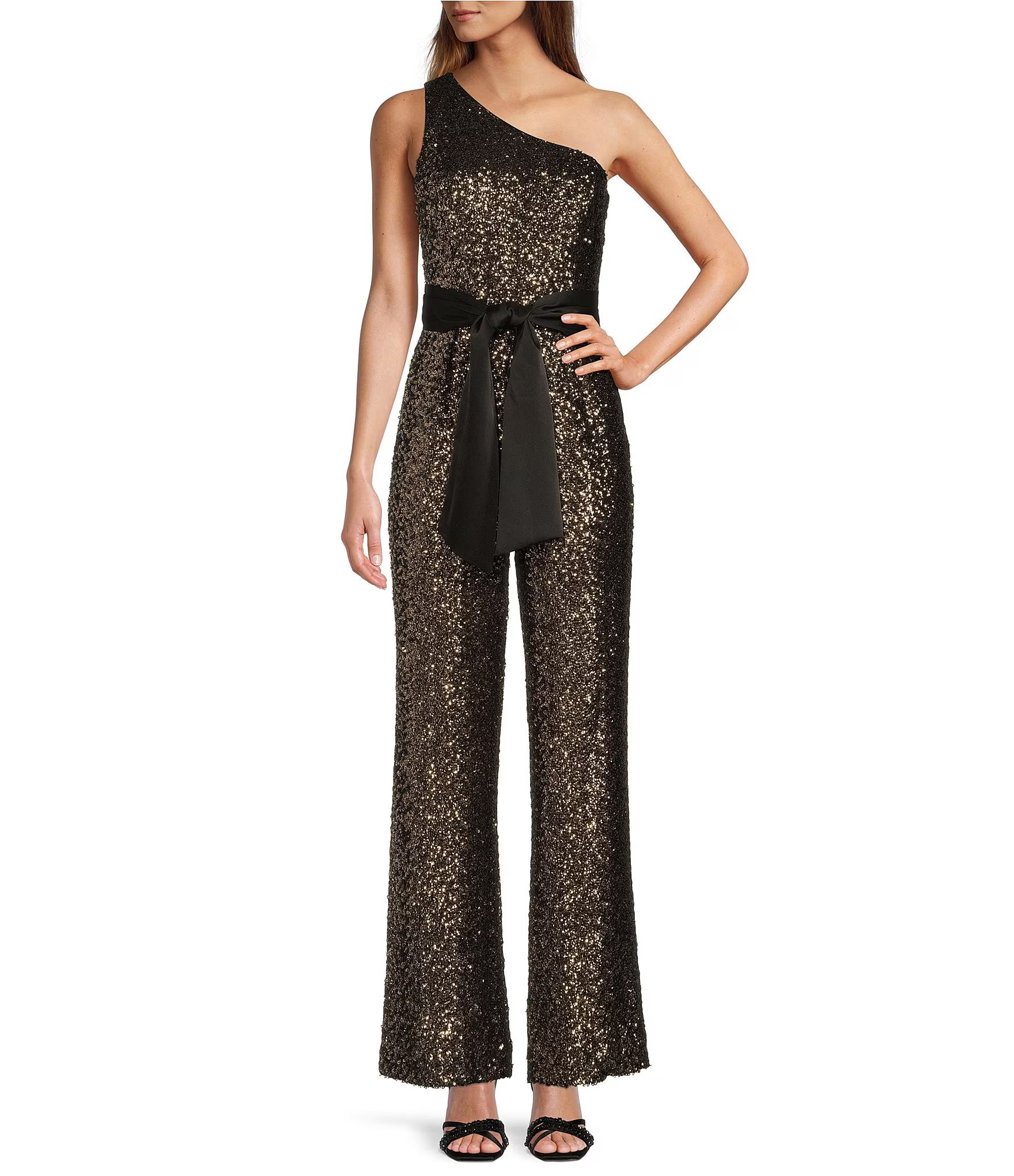 Carlos Sequin One Shoulder Jumpsuit | Dillard's