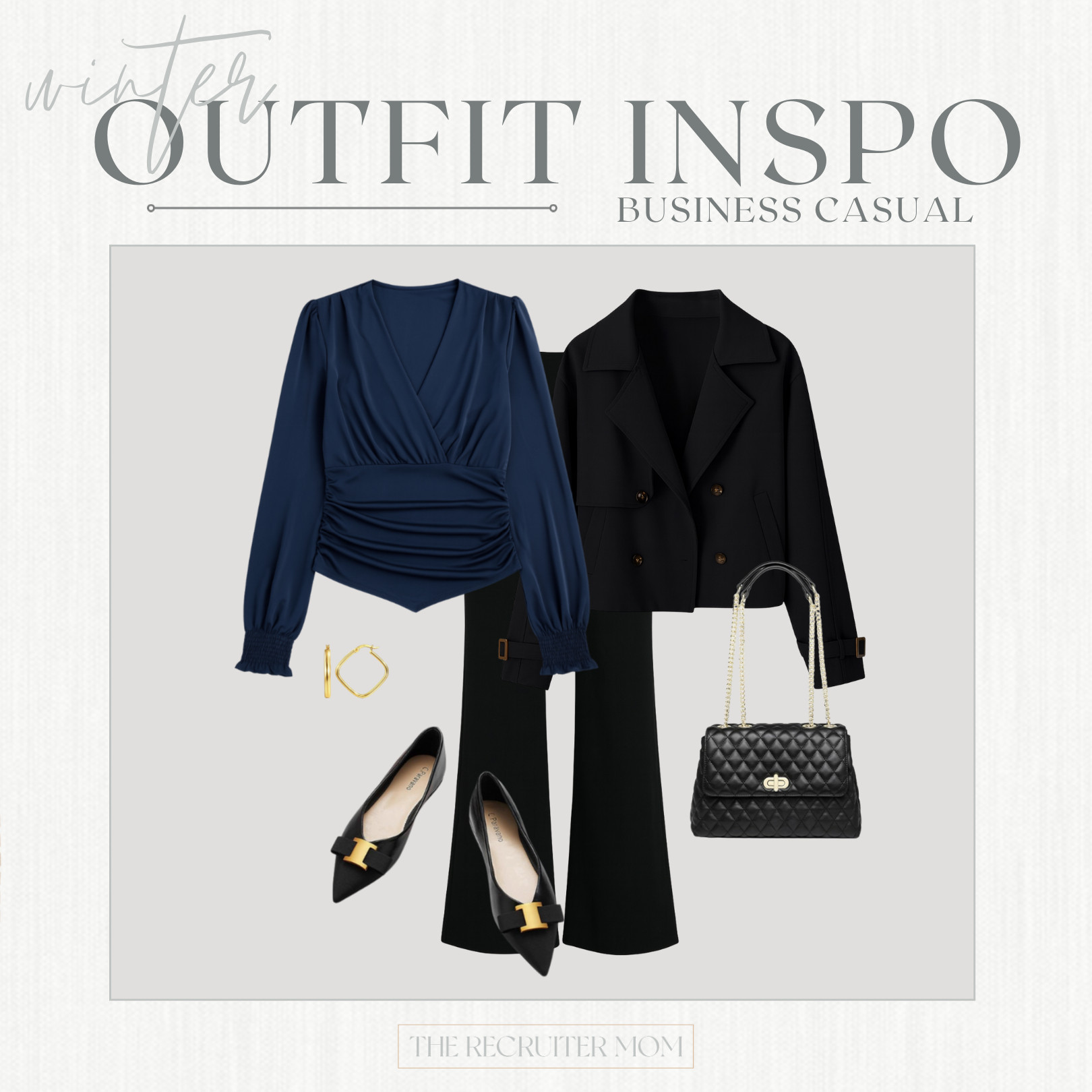 Navy wrap blouse, wide-leg black trousers, cropped wool coat. Chic Winter Workwear Outfit
#classicstyle #midsizefashion 

 

#LTKOver40 #LTKMidsize #LTKWorkwear