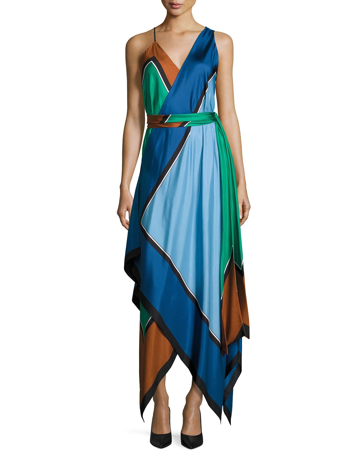 Diane von Furstenberg Colorblock Silk Scarf-Hem Midi Dress, Blue/Green/Copper | Neiman Marcus