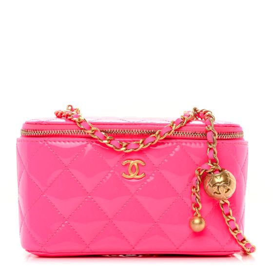 Patent Quilted Pearl Crush Small Vanity Case With Chain Neon Pink | FASHIONPHILE (US)