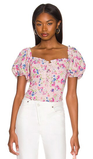 Lace Up Puff Sleeve Top in Purple Multi Floral | Revolve Clothing (Global)