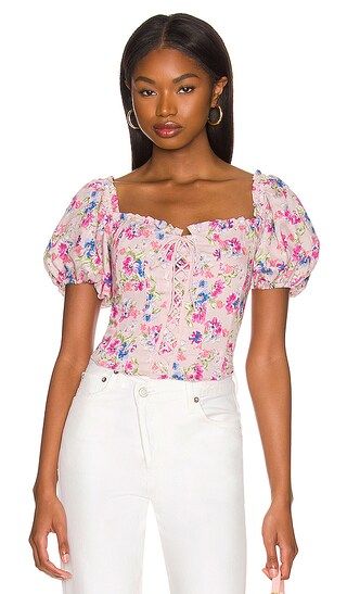 Lace Up Puff Sleeve Top in Purple Multi Floral | Revolve Clothing (Global)