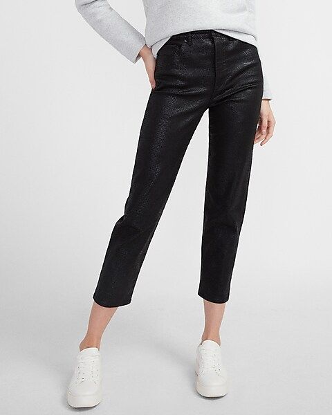 High Waisted Black Coated Snakeskin Mom Jeans | Express