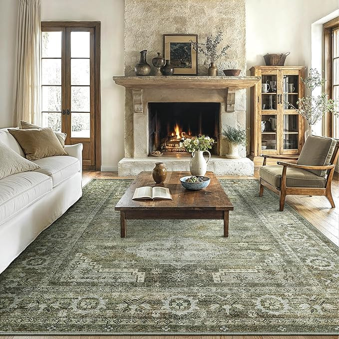 Washable Rugs 8x10 Area Rugs for Living Room Bedroom, 8x10 Washable Thin Chenille Green Rug, Dist... | Amazon (US)