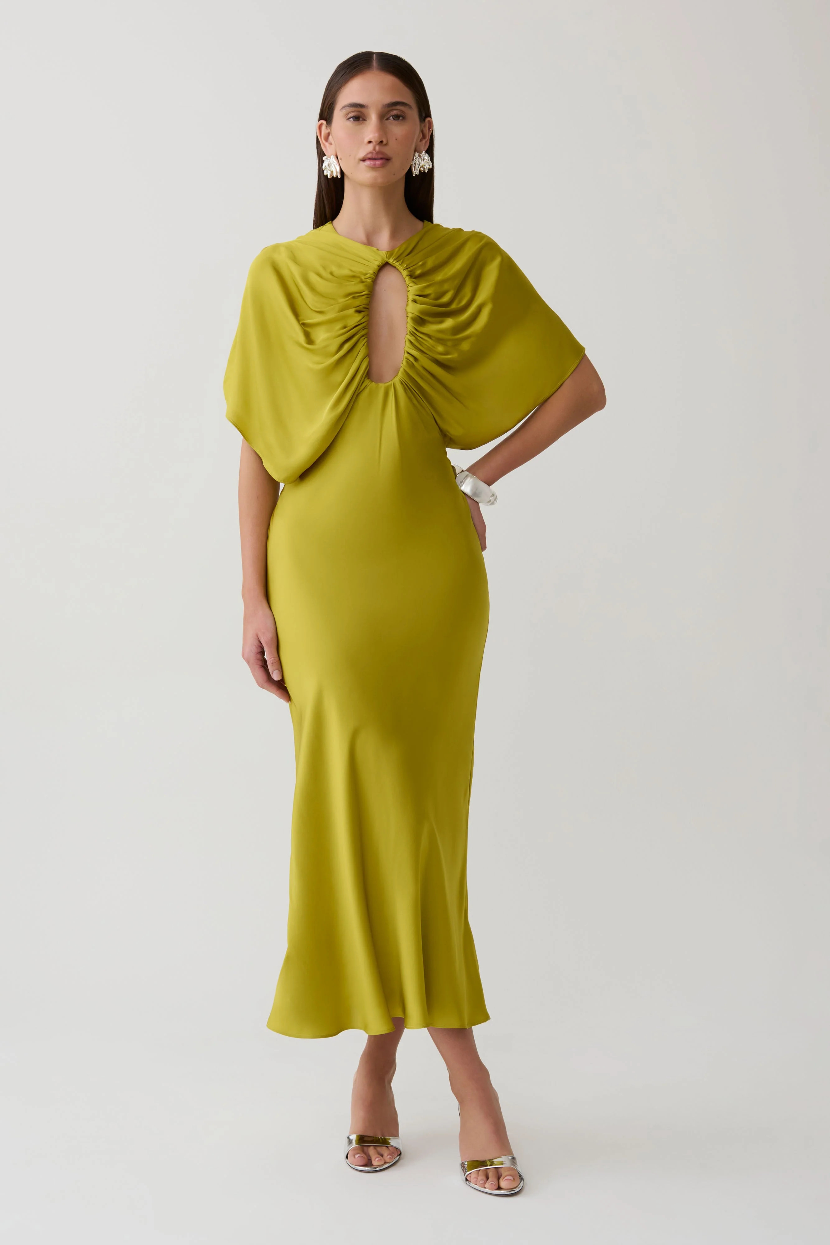 Mona Cut Out Satin Midi Dress / Chartreuse | MESHKI | XXS | MESHKI US