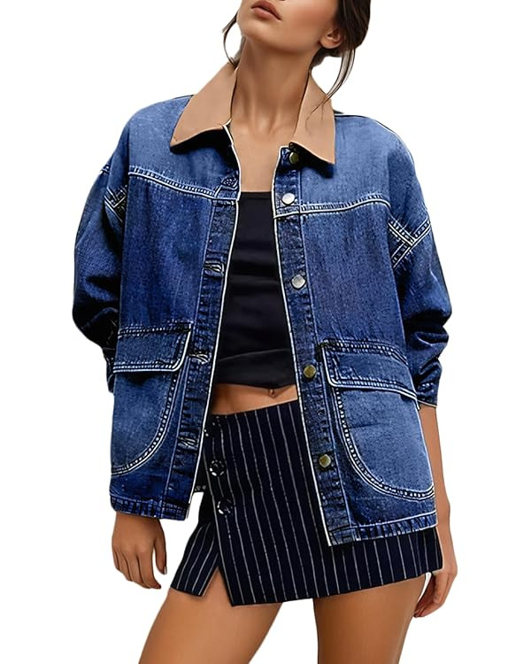EVALESS Jean Jacket Women Trendy Color Block Denim Jacket Oversized Long Sleeve Button Down Barn ... | Amazon (US)