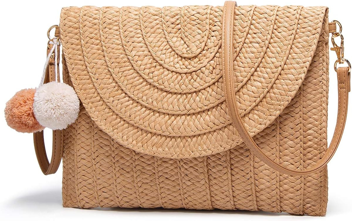 Straw Shoulder Bag Straw Clutch Women Hand-woven PomPom Straw Crossbody Bag Summer Beach Envelope... | Amazon (US)