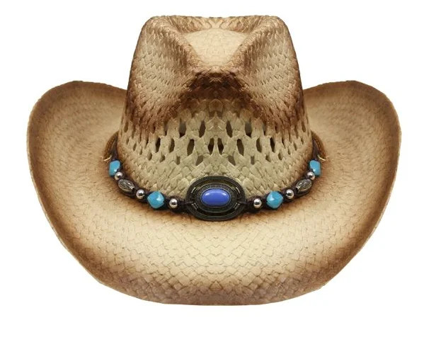 Tea Stain Straw COWBOY HAT w/ Turquoise Blue Beads WOMEN WESTERN Cowgirl - Walmart.com | Walmart (US)