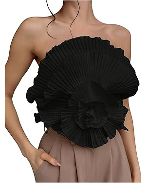 OYOANGLE Women's 3D Flower Decor Strapless Sleeveless Bandeau Top Slim Fit Solid Cropped Tube Top... | Amazon (US)