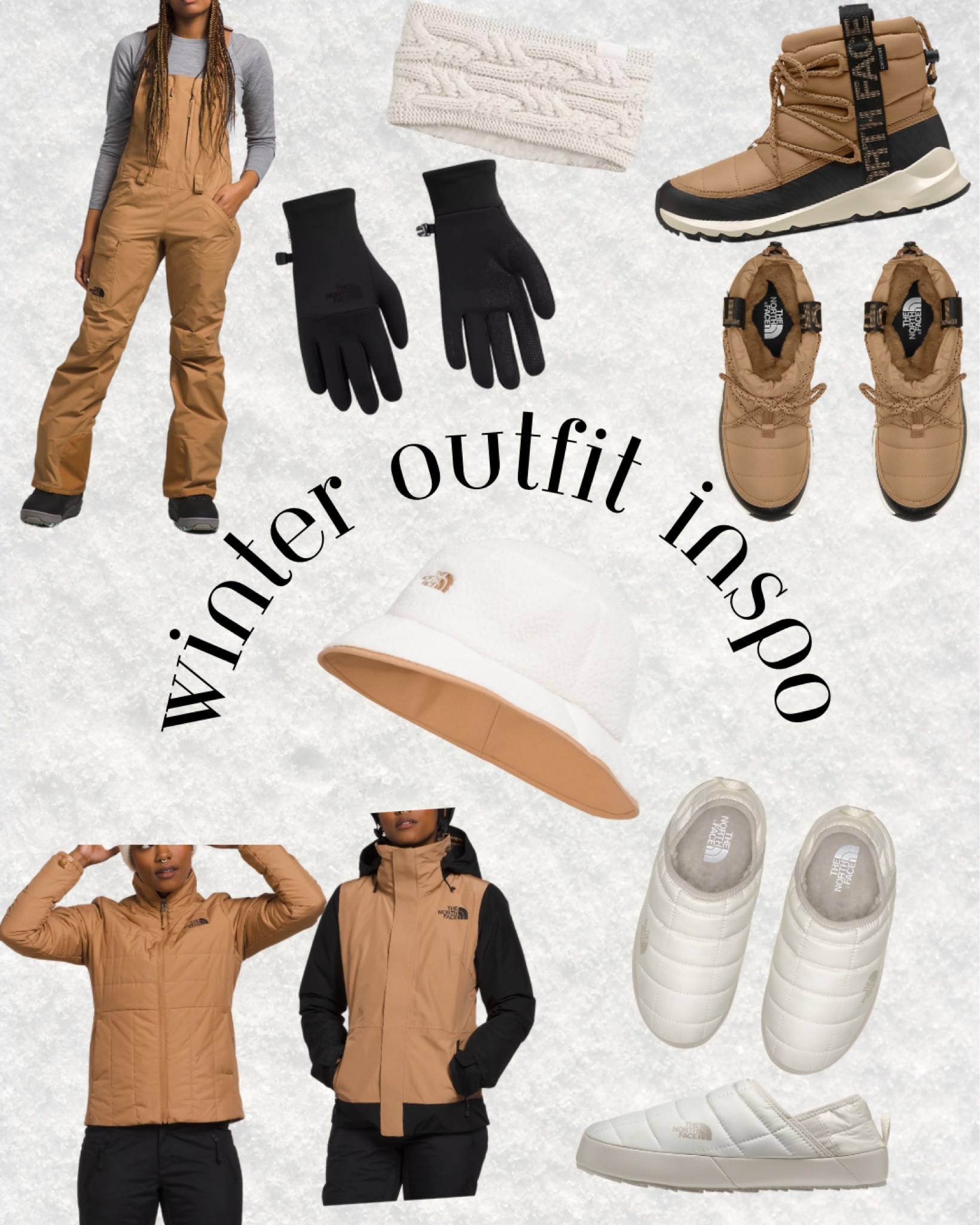 The north face, winter outfit, winter jacket, overall, bib, winter boots, winter slippers, gloves, bucket hat, tan and white, color block 

#LTKfindsunder100 #LTKstyletip #LTKSeasonal