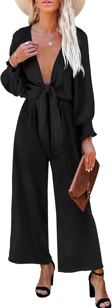 AlvaQ Rompers for Women Dressy Spring Summer Tie Knot Front Sexy V Neck Jumpsuits | Amazon (US)