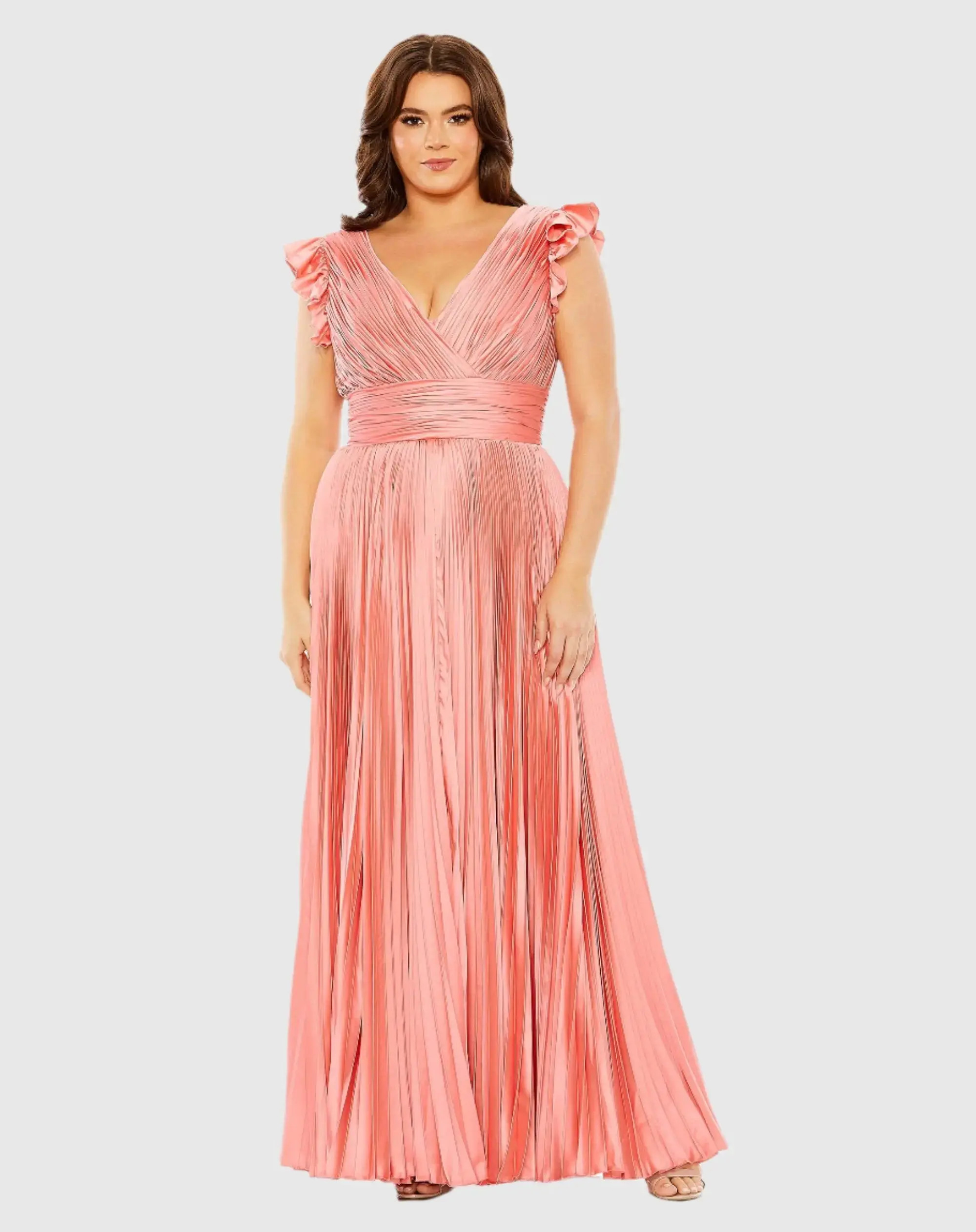 Flutter Sleeve Pleated V-Neck Dress | Mac Duggal