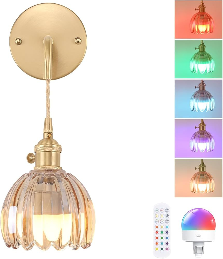 Battery Operated Wall Sconce with Amber Tulip Shade Pattern Glass Adjustable Chain Retro Gold Wal... | Amazon (US)