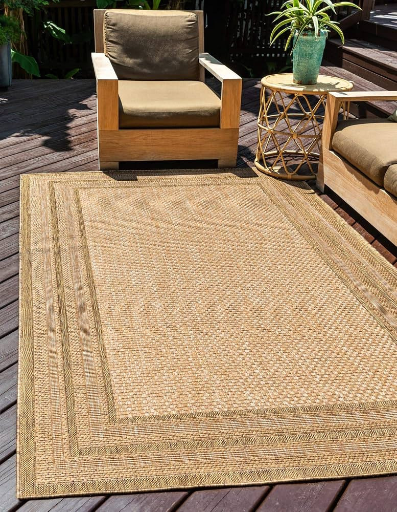 Unique Loom Outdoor Border Collection Area Rug - Multi Border (3' 3" x 5' Rectangle, Tan/ Light B... | Amazon (US)