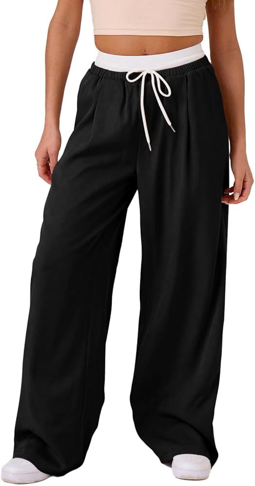 Acelitt Womens 2024 Fall Casual Loose Wide Leg Contract Waist Pants with Pockets | Amazon (US)