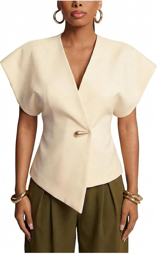 Milumia Women's V Neck Asymmetrical Blouse Short Sleeve Waistcoat Work Blouses | Amazon (US)