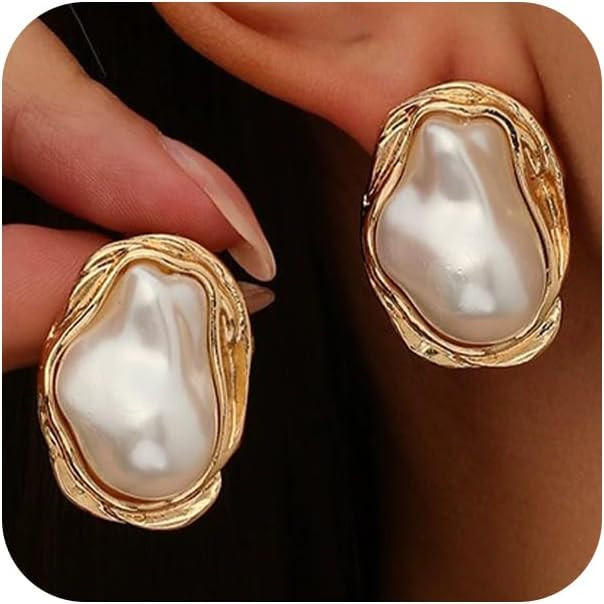 Vintage Big Pearl Statement Gold Stud Earrings for Women Trendy, Dainty Irregular Large Silver Ba... | Amazon (US)