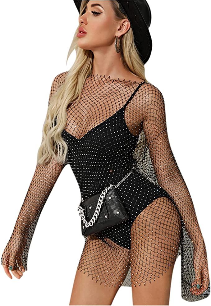 RARITYUS Women Sexy Diamonds See Through Mesh Long Sleeve Dress Bikini Swimsuit Cover Up for Rave... | Amazon (US)