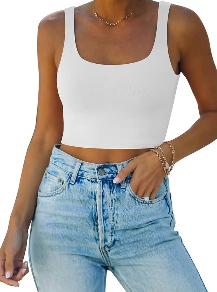 REORIA Women’s Sexy Square Neck Double Lined Seamless Sleeveless Cropped Tank Yoga Crop Basic T... | Amazon (US)