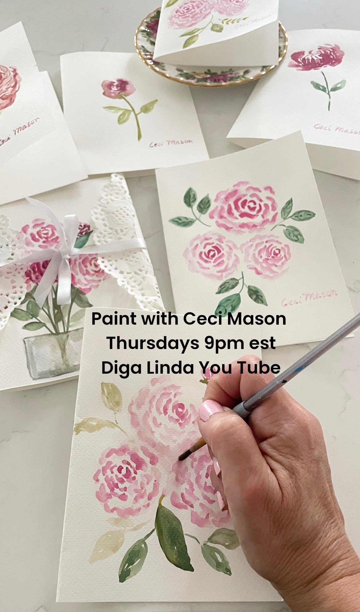 Supplies to Paint flowers with Ceci Mason at 9pm Thursday EST on Diga Linda (Say Beautiful) You Tube 
#watercolorflower #PaintWithCeciMason #handpainted #handpaintedcards