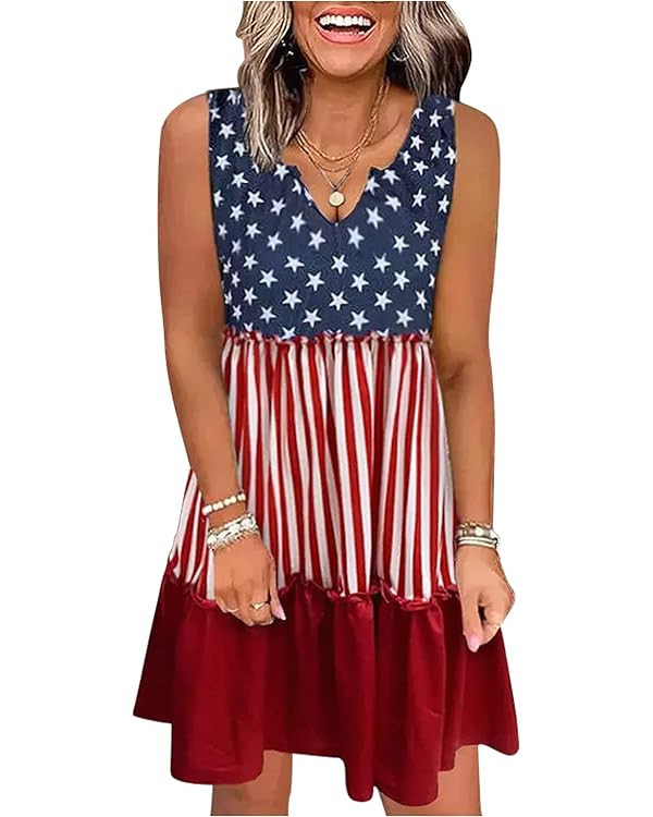 CHUNTIANRAN American Flag Star Vertical Striped Ruffled Mini Dress Women 4th of July Patriotic Dr... | Amazon (US)
