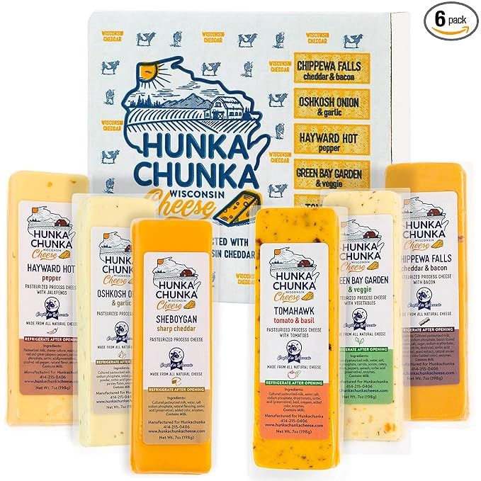 HunkaChunka Wisconsin Cheese Gift Basket, Includes 6 Cheddar Cheese Varieties, Gourmet 2.6 Lb Che... | Amazon (US)