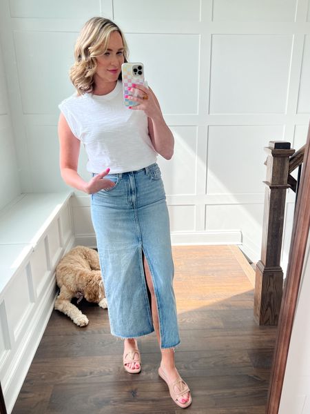 What do we think about the denim midi skirt trend? I’m loving it! I linked the one I’m wearing in this pic which is a splurge and runs small (size up!) it also has no stretch so sizing up helps! But I love the wash and frayed hem. I’m also linking lots more options that are priced lower  

#LTKStyleTip #LTKOver40