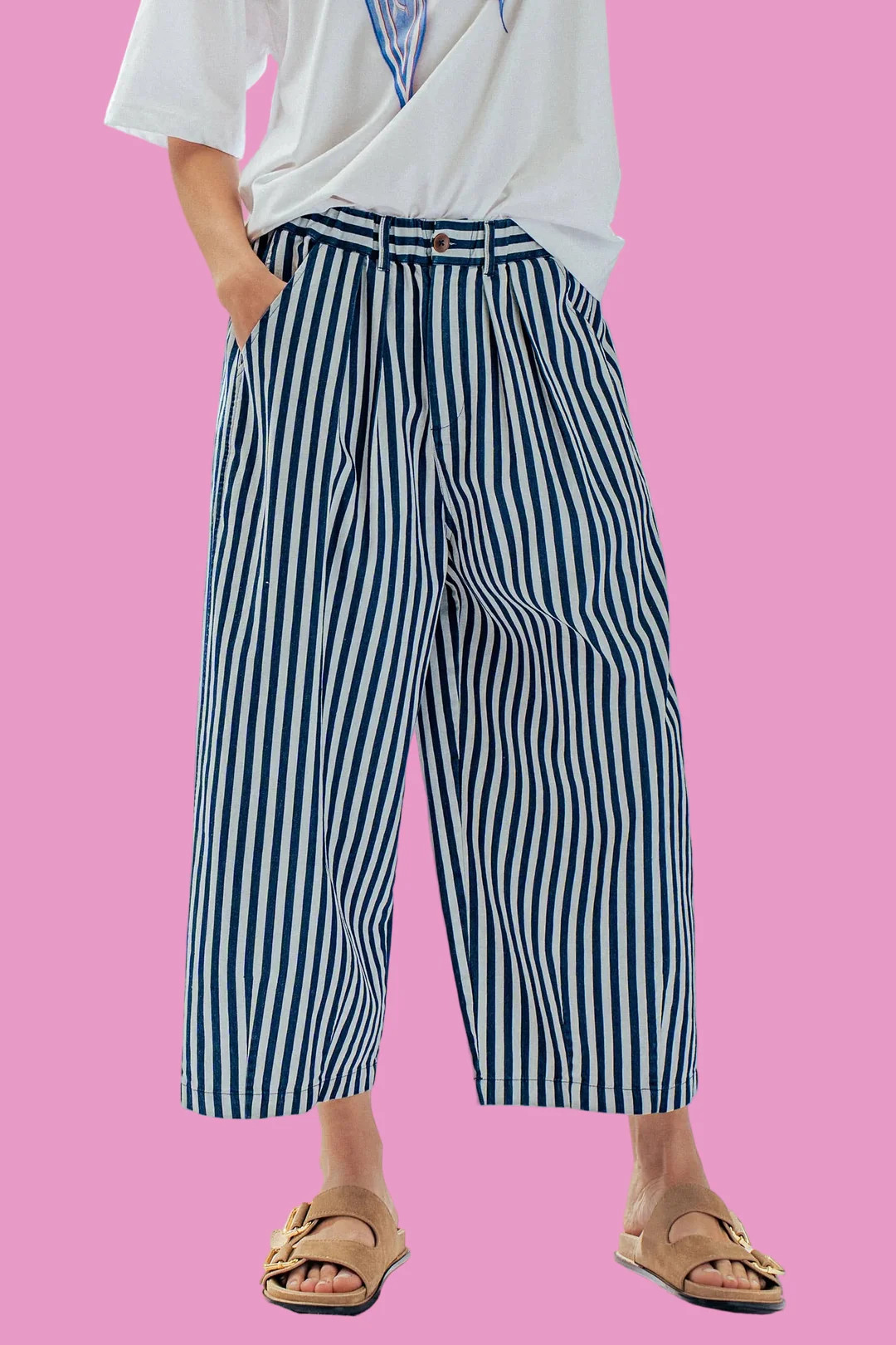 Striped Pleated Wide Leg Culotte Pants | Teggy French