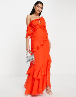 ASOS DESIGN fallen shoulder maxi dress with bias ruffle detail in red | ASOS (Global)