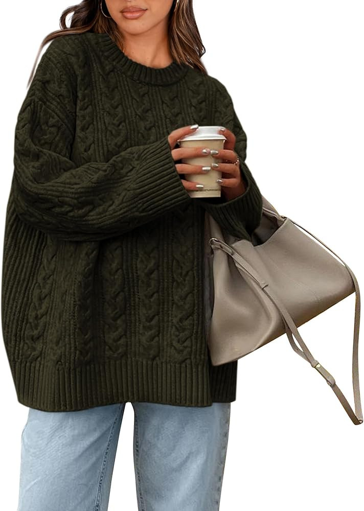 Okiwam Women's Oversized Sweaters Crewneck Cable Knit Pullover Casual Loose Fall Outfits Fashion ... | Amazon (US)