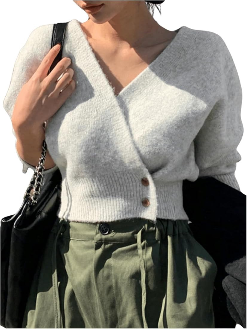 WDIRARA Women's Wrap V Neck Sweater Button Front Long Sleeve Crop Knitted Top | Amazon (US)
