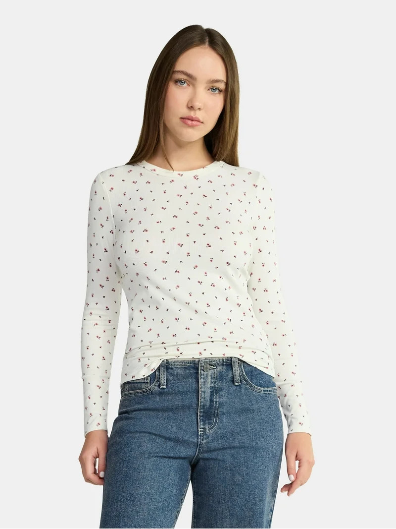 No Boundaries Ribbed Crewneck Tee with Long Sleeves, 1 or 2-Pack, Women's & Women's Plus | Walmart (US)