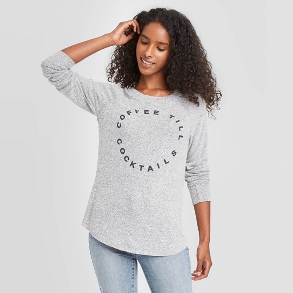 Women's Coffee till Cocktails Long Sleeve Graphic T-Shirt - Gray | Target