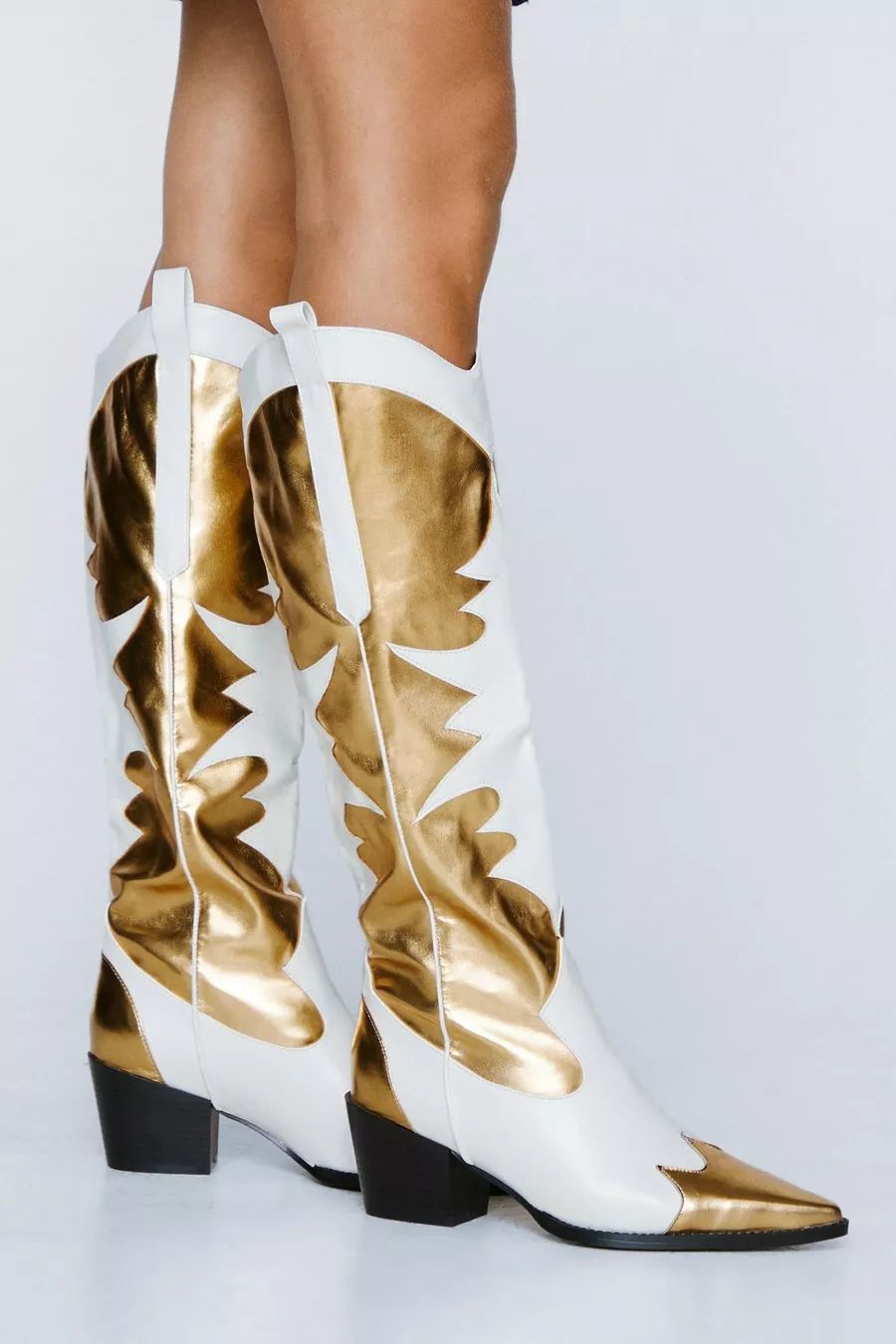 Faux Leather Contrast Knee High Cowboy Boots | Nasty Gal (US)