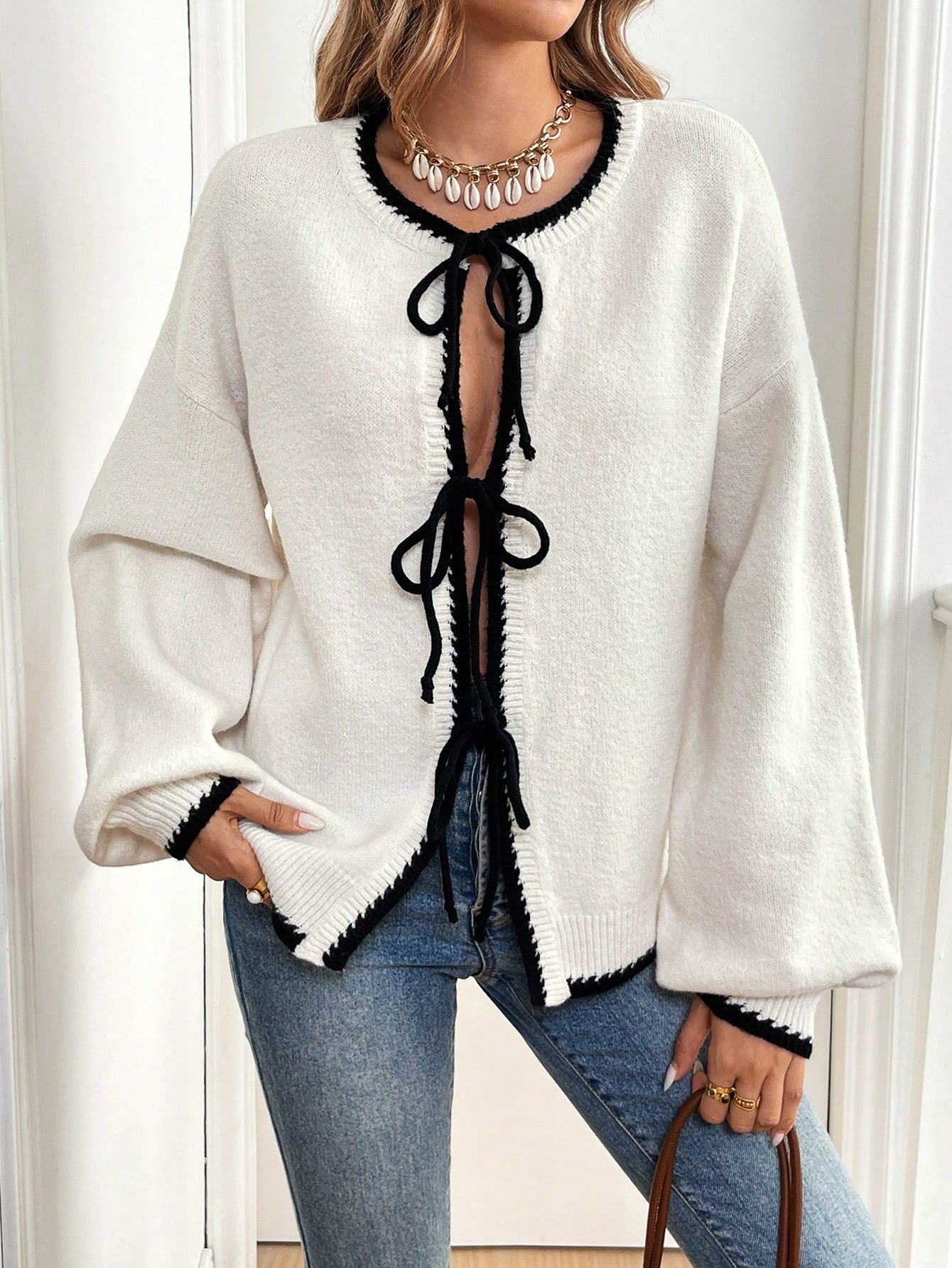 SHEIN Frenchy Ladies' Oversized Contrast Color Solid Color Knotted Long Sleeve Cardigan, Women's ... | SHEIN