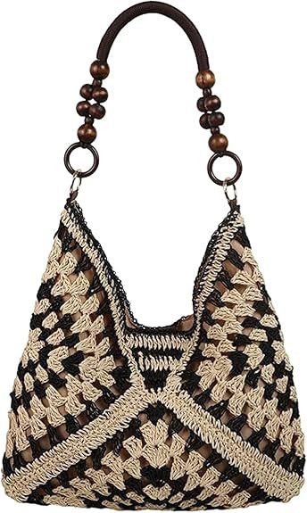 Handmade Woven Tote Bag with Inner Pouch Wooden Bead Handles – Fashion Crochet Shoulder Bag for... | Amazon (US)