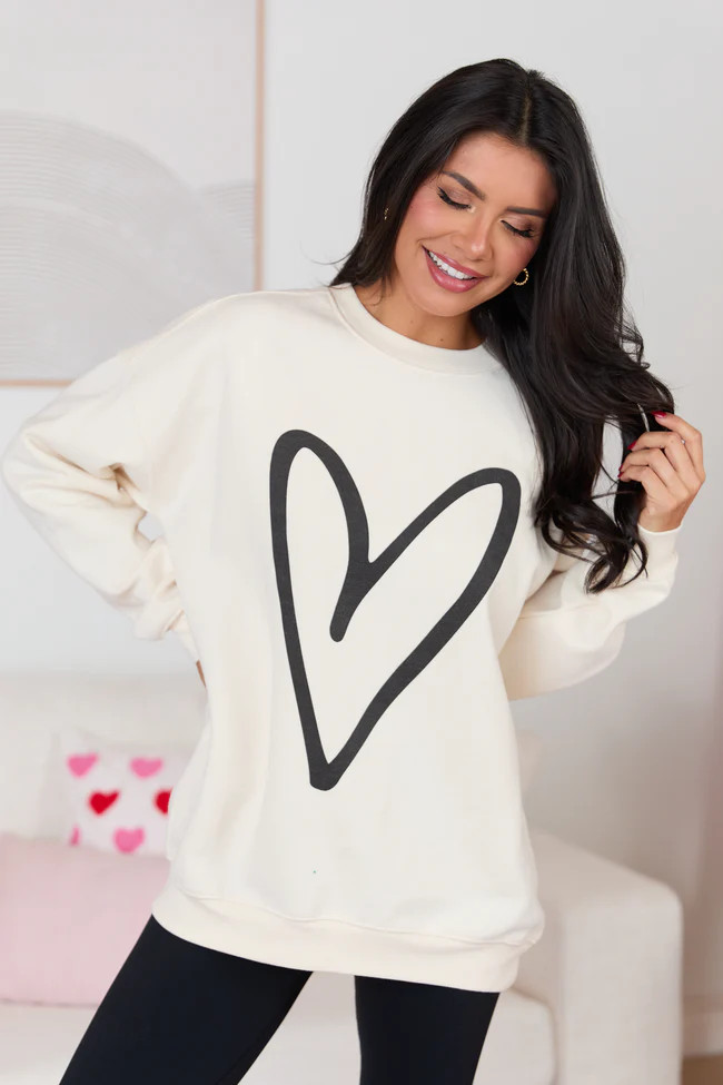 Black Heart Sketch Cream Graphic Sweatshirt SALE | Pink Lily