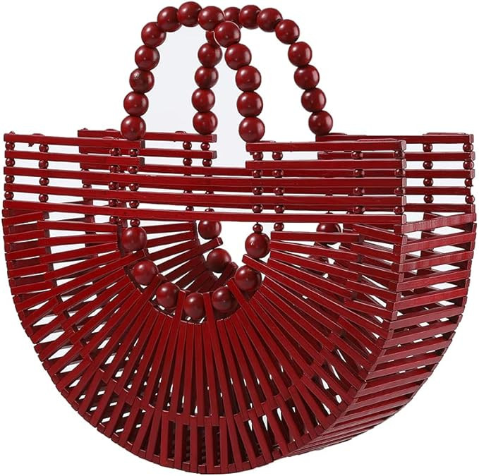 Womens Bamboo Handbags with Wooden Beads Tote Bag, Handmade Straw Bag for Summer Beach | Amazon (US)