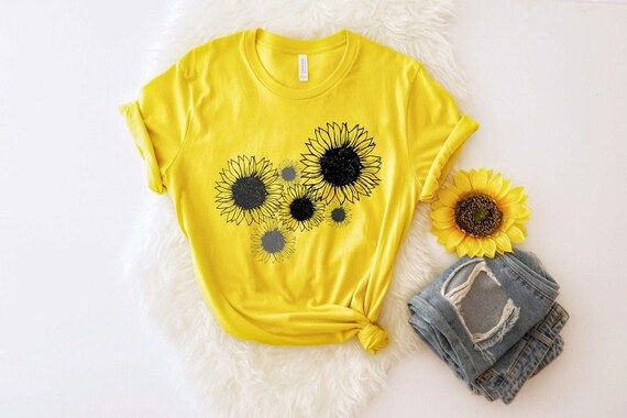 Black & White Sunflower T-shirt | Back Silver Grey Sunflower | Sunflower Tees | Flower Power Shir... | Etsy (US)