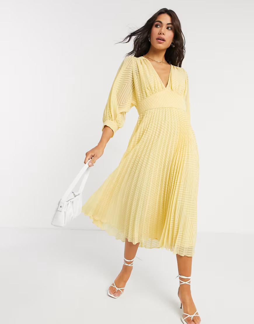 ASOS DESIGN pleated batwing midi dress in chevron dobby in yellow | ASOS (Global)
