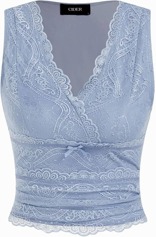 CIDER Lace Crop Tank Tops for Women Going Out V Neck Sleeveless Ruched Tops Trendy Y2K Summer Out... | Amazon (US)