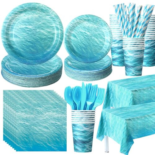 Funnymoom 452 Pcs Ocean Sea Birthday Party Decorations Include Ocean Waves Paper Plates Napkins Cups Tablecloth Cutlery Straws Sea Theme Party Supplies for Birthday Baby Shower | Amazon (US)