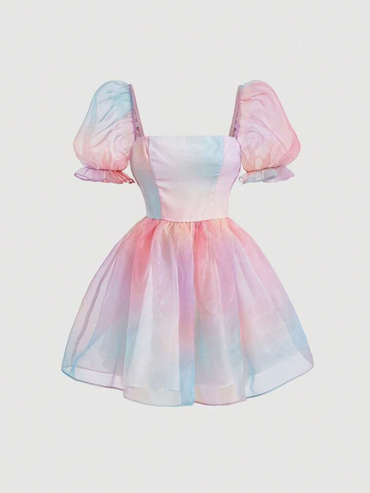 SHEIN MOD Vestido impressão ombre manga bufante organza | SHEIN