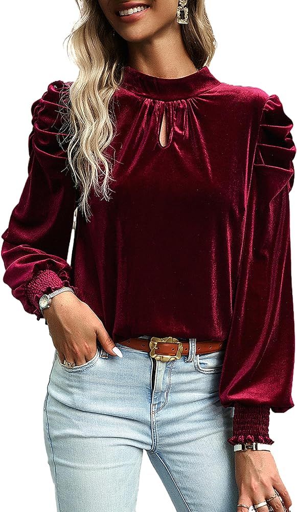 Jelly Brynn Women's Retro Style Slim Fit Puff Sleeve Velvet Tunic Top Blouse Mock Neck Long Sleev... | Amazon (US)