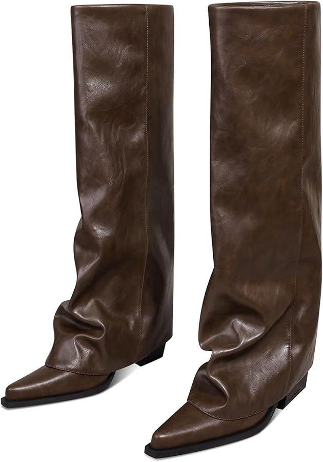 Women's Fold Over Knee High Boots Wide Calf Chunky Heel Long Boots Women Pointed Toe Dress Tall B... | Amazon (US)