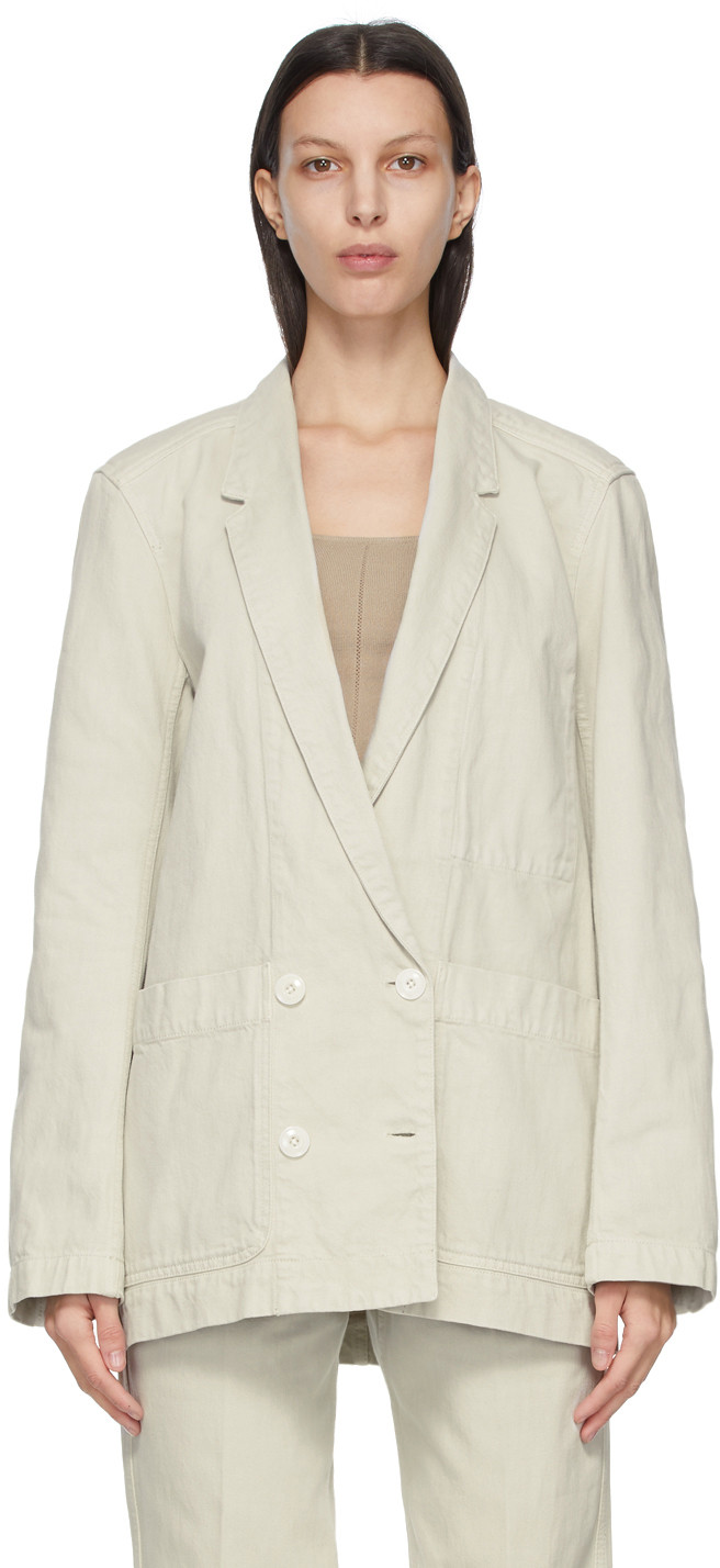 Beige Denim Double-Breasted Blazer | SSENSE