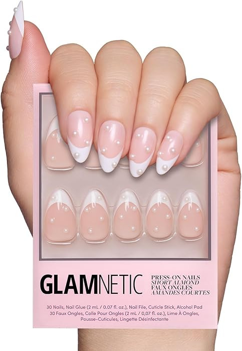 Glamnetic Press On Nails - French Pearl | Glossy, Short Almond French Tip Nails with 3D Accents, ... | Amazon (US)