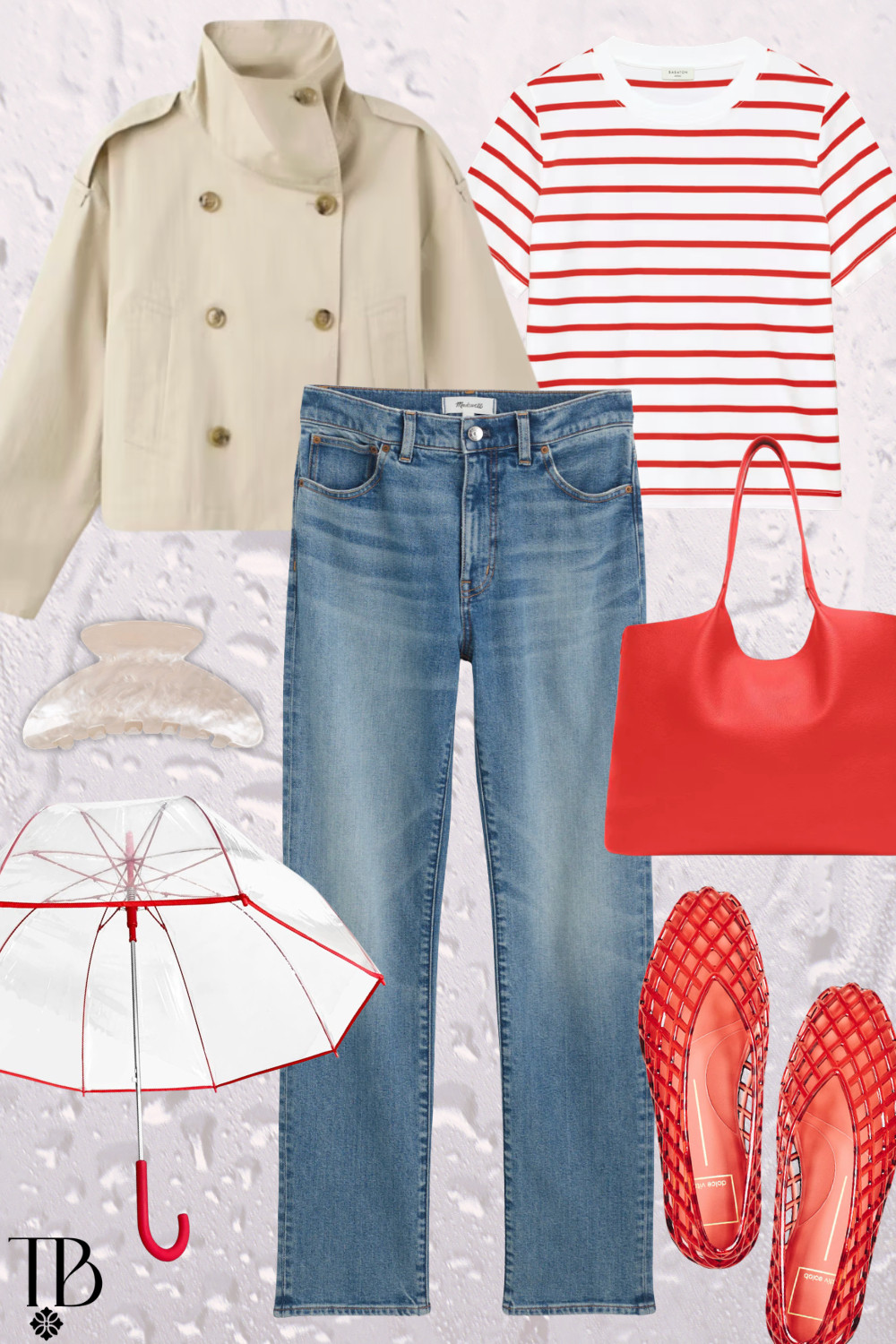 Rainy day style but make it classic ☔️❤️ A striped tee, straight leg jeans, and a chic beige rain jacket make the perfect casual rainy day outfit. Finished with red jelly flats, a matching tote, and a clear umbrella for a pop of color that brightens even the stormiest days.
#rainydayoutfit #casualstyle #ltkstyle #springoutfit #everydaystyle #rainydayfashion 

 